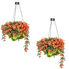 Pair of 26cm Red Duranta Artificial Hanging Baskets w/ Solar Light | Primrose™
