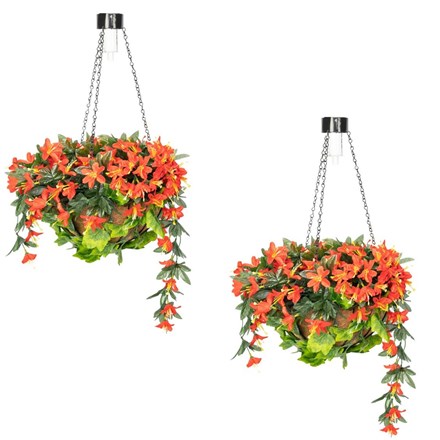 Pair of 26cm Red Duranta Artificial Hanging Baskets w/ Solar Light | Primrose™