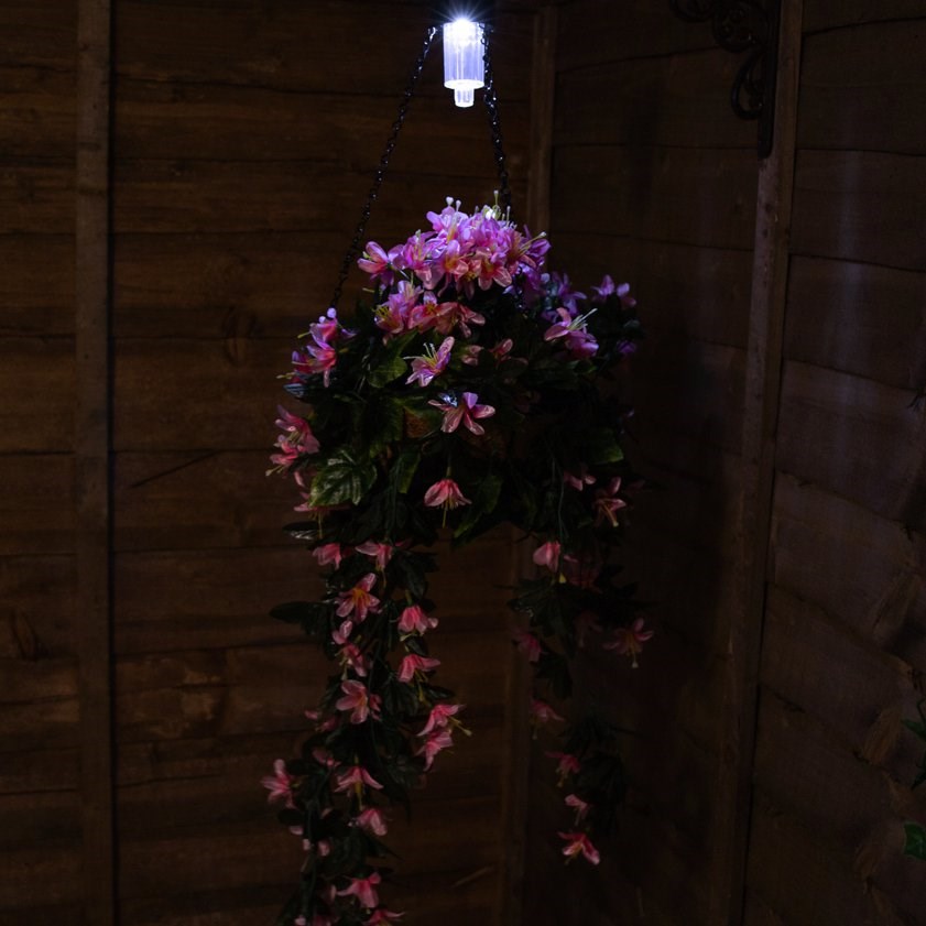 26cm Pink Duranta Artificial Hanging Basket with Solar Light by Primrose™