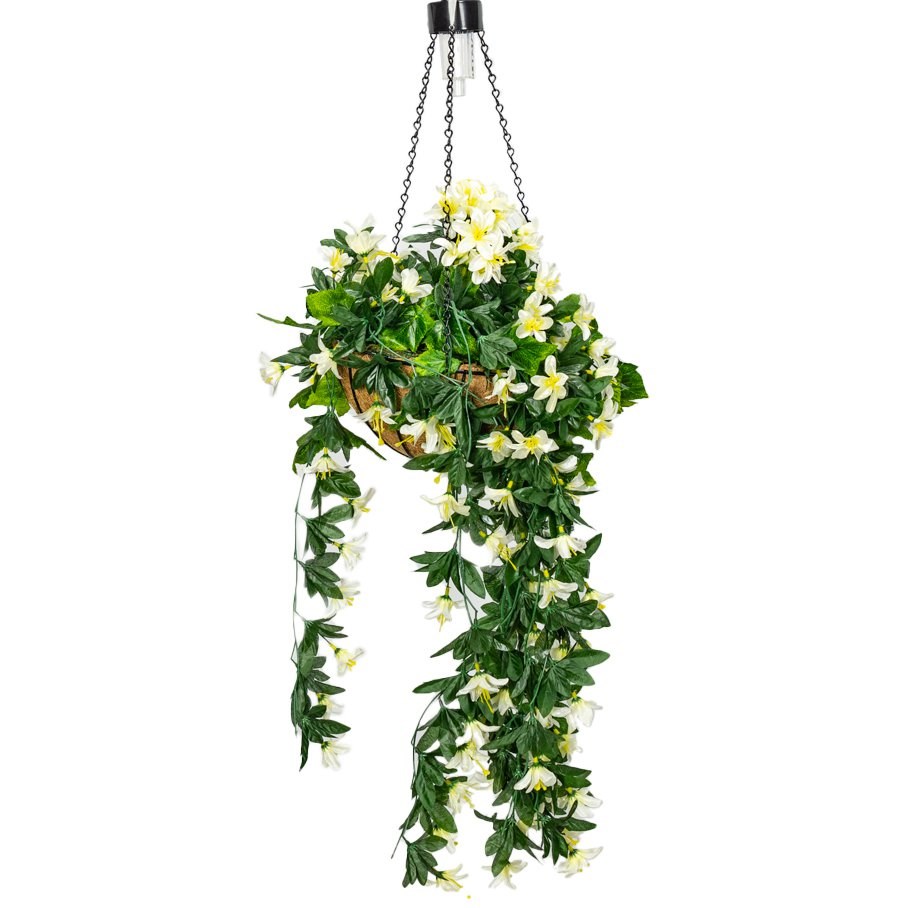 Artificial White Duranta Hanging Basket With Solar Light