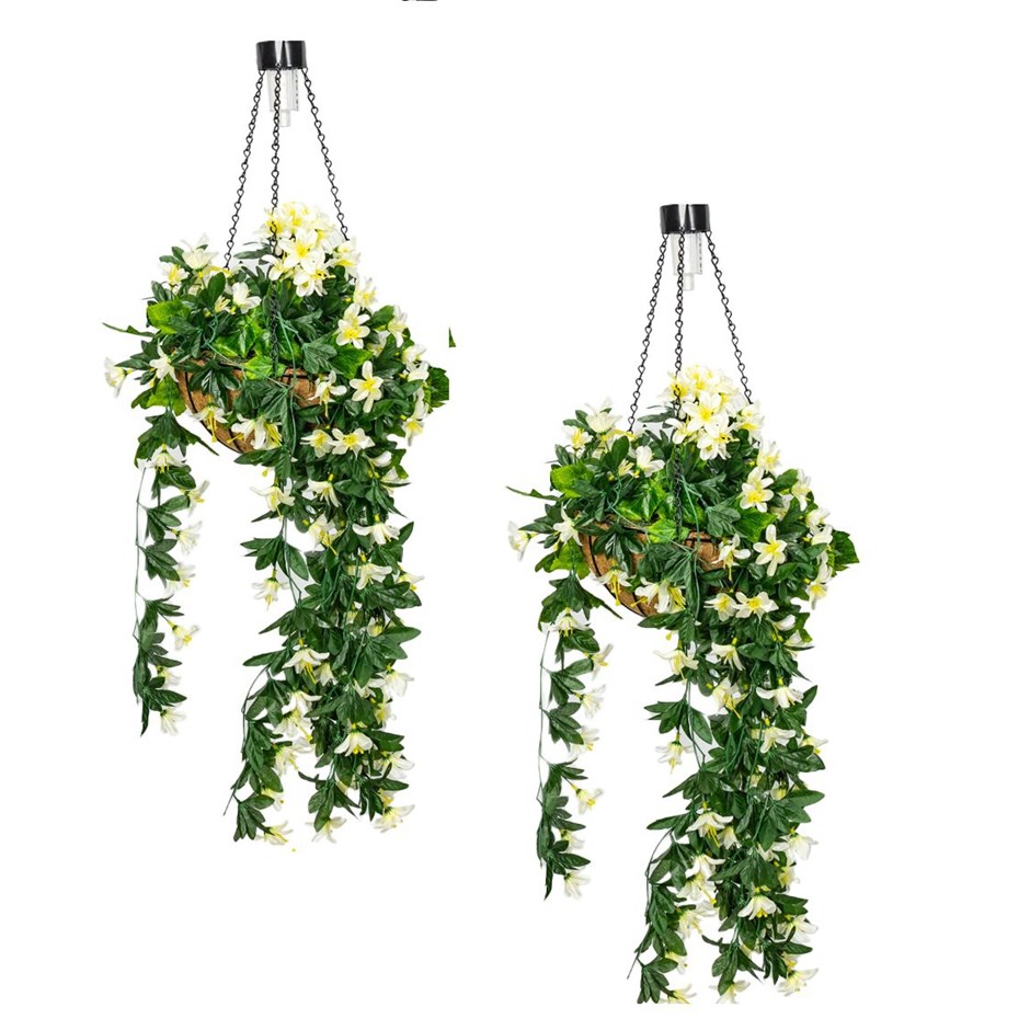 White Duranta Artificial Hanging Baskets w/ Solar Light | Primrose™