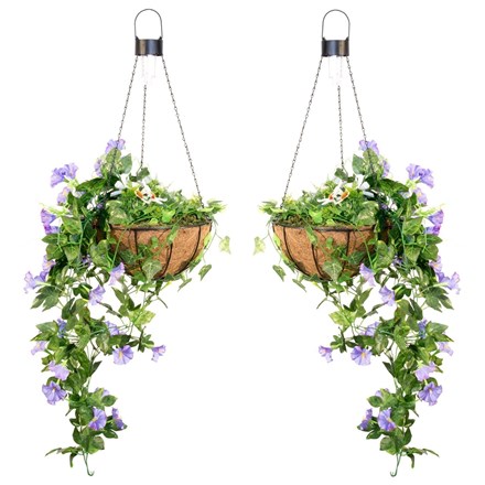 Pair of 26cm Purple Duranta Artificial Hanging Basket w/ Solar Lights | Primrose™