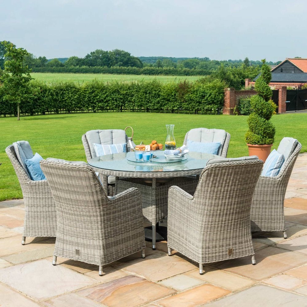 Oxford 6 Seater Round Rattan Dining Set with Ice Bucket and Lazy Susan in Grey