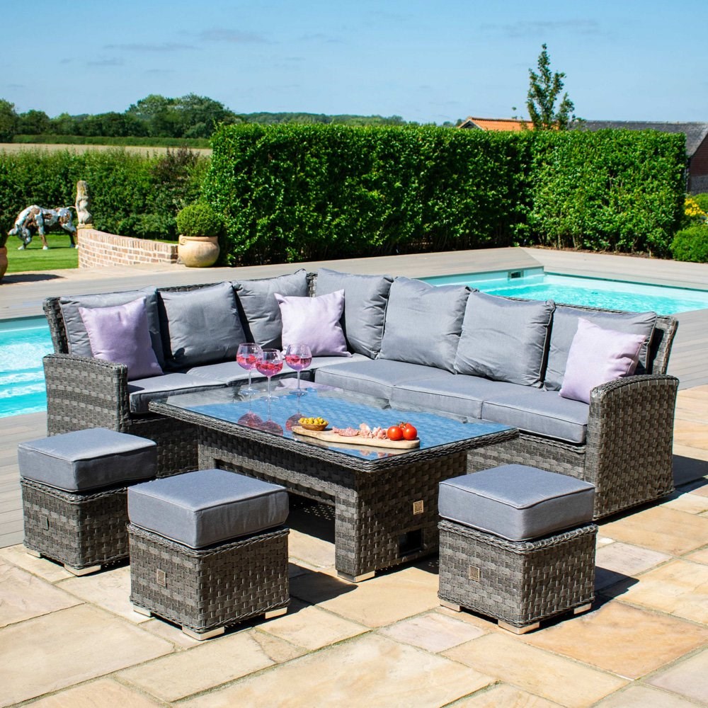 Victoria Rattan Corner Sofa and Footstools with Rectangular Rising Table in Grey