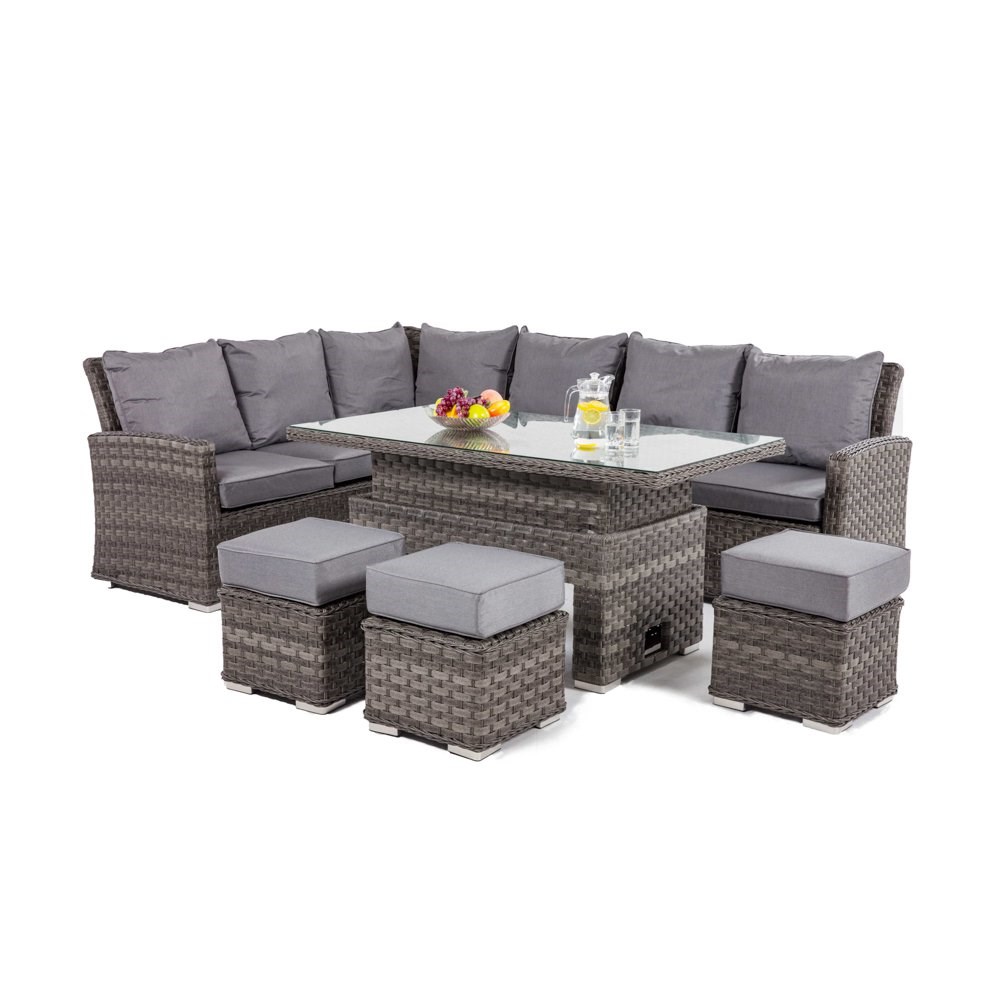 Victoria Rattan Corner Sofa and Footstools with Rectangular Rising Table in Grey