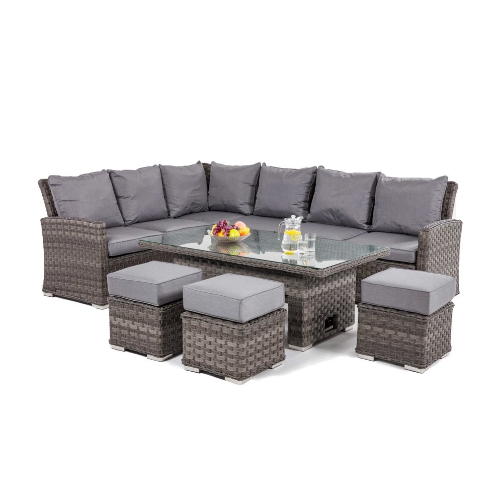 Maze Rattan Victoria Corner Sofa & Footstools w/ Rectangular Rising Table - Grey