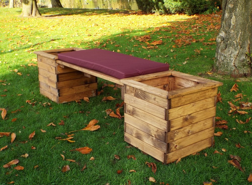 Charles Taylor Wooden Garden Deluxe Planter Bench with Burgundy Cushions