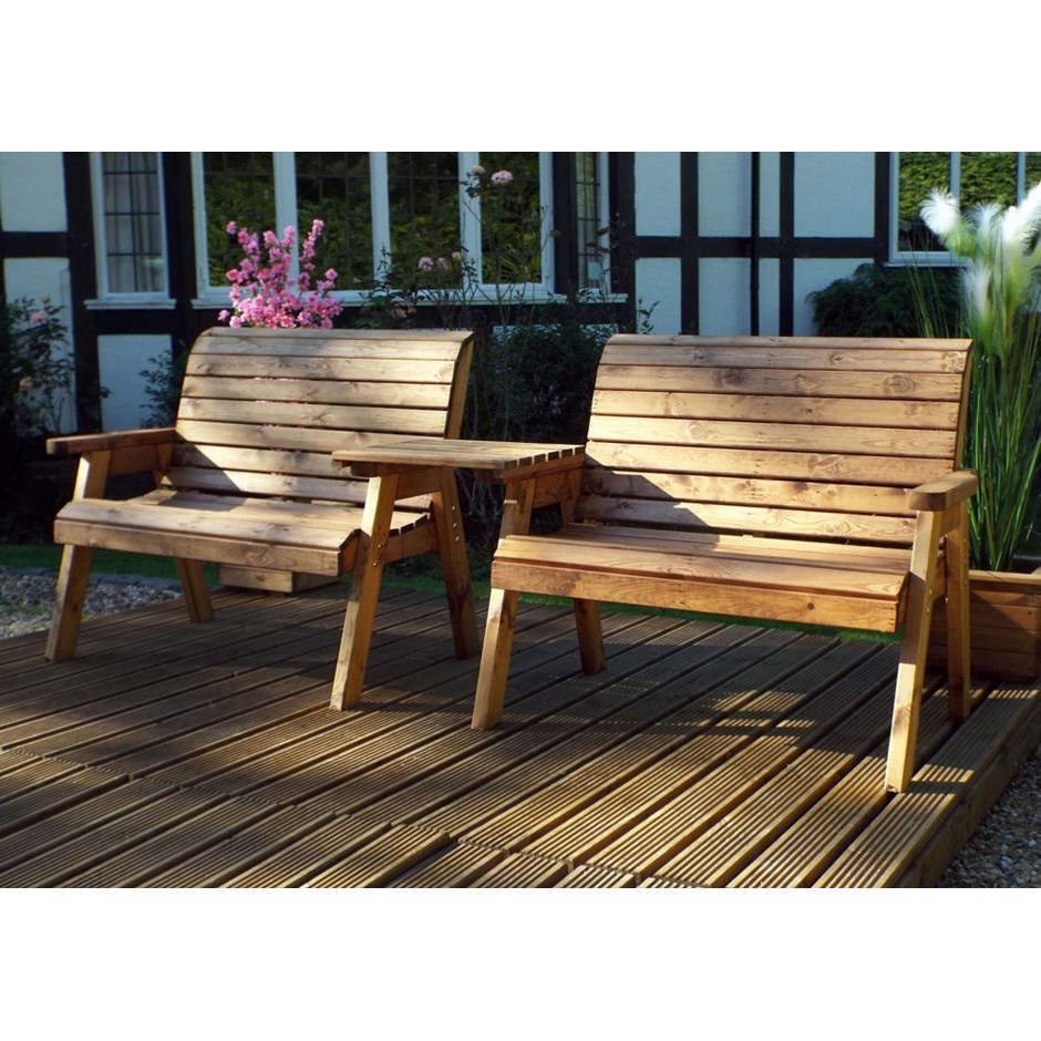 Charles Taylor Wooden Garden Twin Bench Set + Green Cushions & Standard Covers