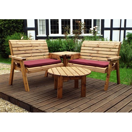 Charles Taylor Wooden Garden 4 Seater Corner Set with Burgundy Cushions
