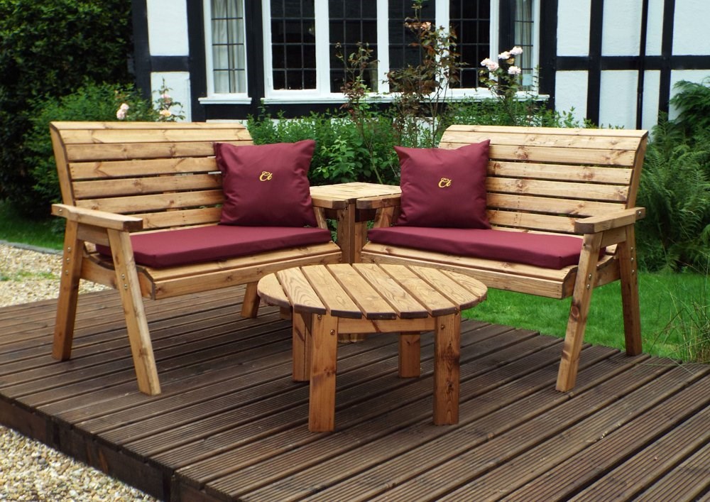 Charles Taylor Wooden Garden 4 Seater Corner Set with Burgundy Cushions