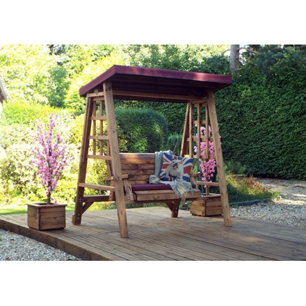 Charles Taylor Wooden Garden Dorset 2 Seat Swing with Burgundy Cushions
