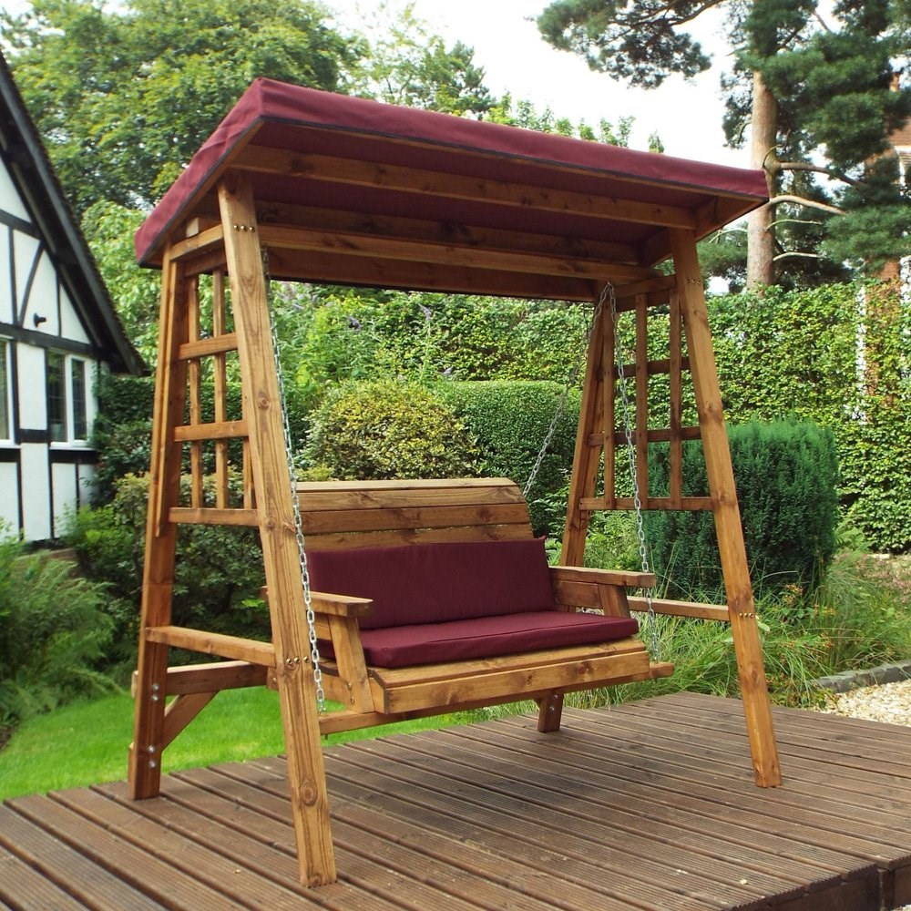 Charles Taylor Wooden Garden Dorset 2 Seat Swing with Burgundy Cushions