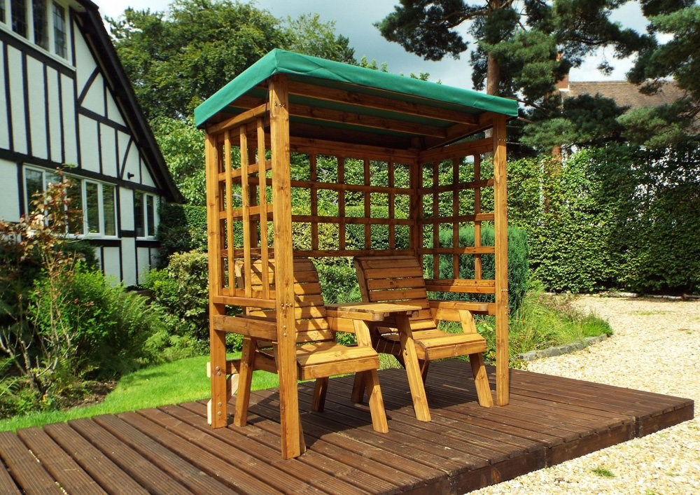 Charles Taylor Wooden Garden Henley Twin Seat Arbour with Green Cushions