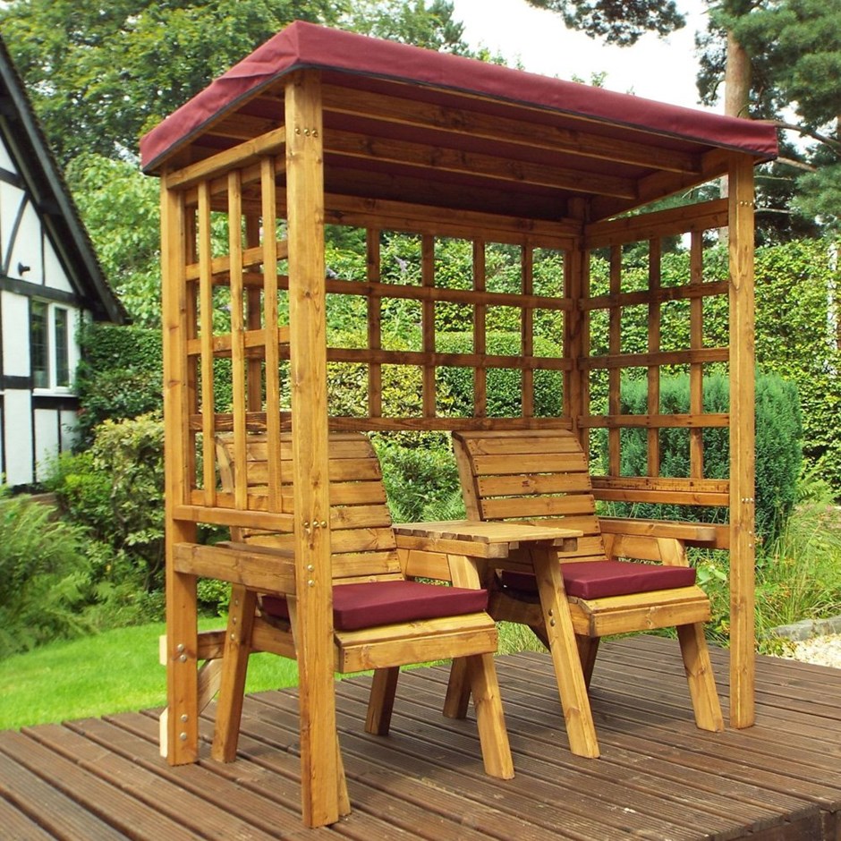 Charles Taylor Wooden Garden Henley Twin Seat Arbour with Burgundy Cushions