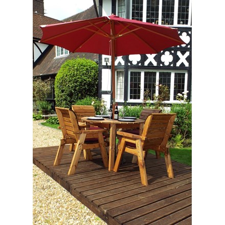 Charles Taylor Wooden Garden 4 Seater Round Table Dining Set w/ Burgundy Cushions and Parasol