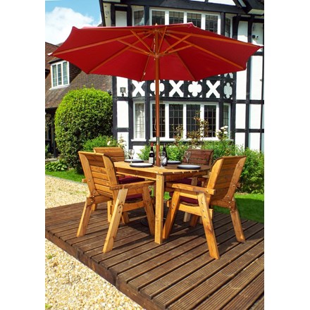 Charles Taylor Wooden Garden 4 Seater Rectangle Table Dining Set w/ Burgundy Cushions and Parasol
