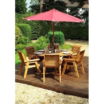 Charles Taylor Wooden Garden 6 Seater Round Table Dining Set w/ Burgundy Cushions and Parasol