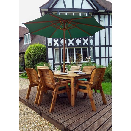 Charles Taylor Wooden Garden 6 Seater Rectangle Table Dining Set w/ Green Cushions and Parasol