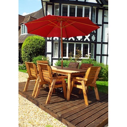Charles Taylor Wooden Garden 6 Seater Rectangle Table Dining Set w/ Burgundy Cushions and Parasol