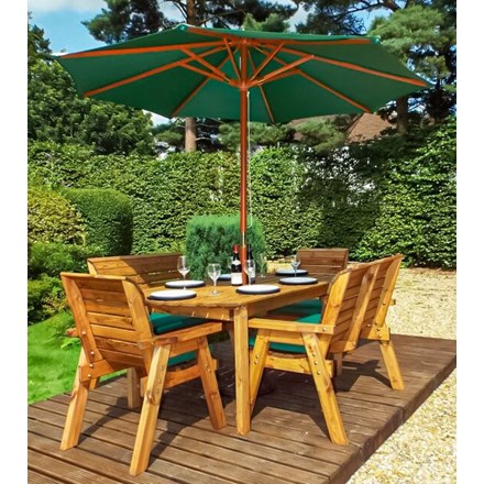Charles Taylor Wooden Garden 6 Seater Rectangle Table Dining Bench Set w/ Green Cushions and Parasol