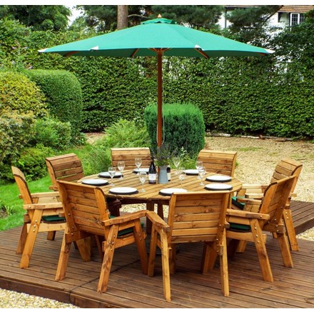 Charles Taylor Wooden Garden 8 Seater Round Table Dining Set w/ Green Cushions and Parasol