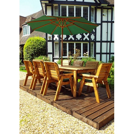 Charles Taylor Wooden Garden 8 Seater Rectangle Table Dining Set w/ Green Cushions and Parasol