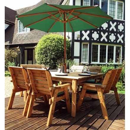 Charles Taylor Wooden Garden 8 Seater Square Table Dining and Bench Set | Green Cushions and Parasol