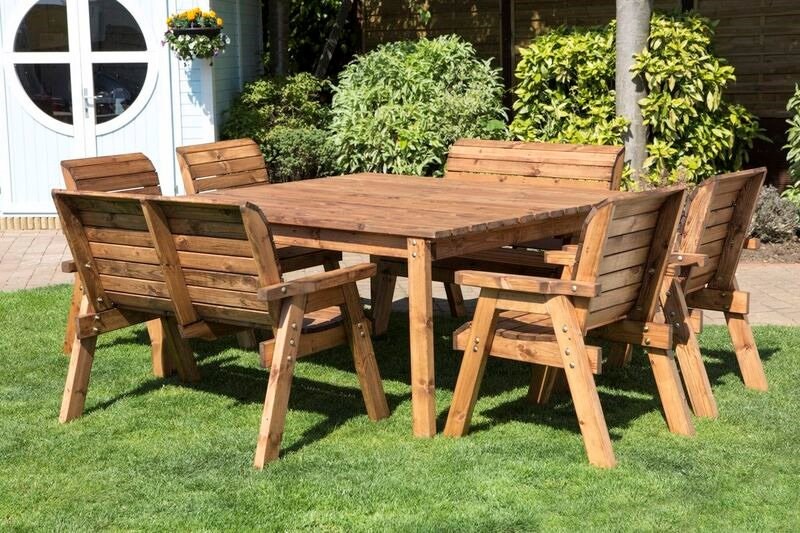 Charles Taylor Wooden Square Table Dining & Bench Set w/ Cushions & Parasol