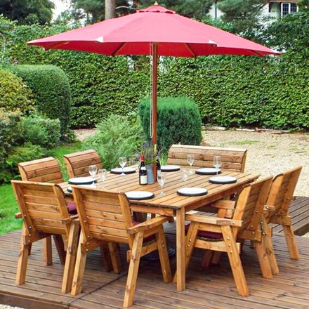 Charles Taylor Wooden Garden 8 Seat Square Table Dining Set & Bench | Burgundy Cushions and Parasol