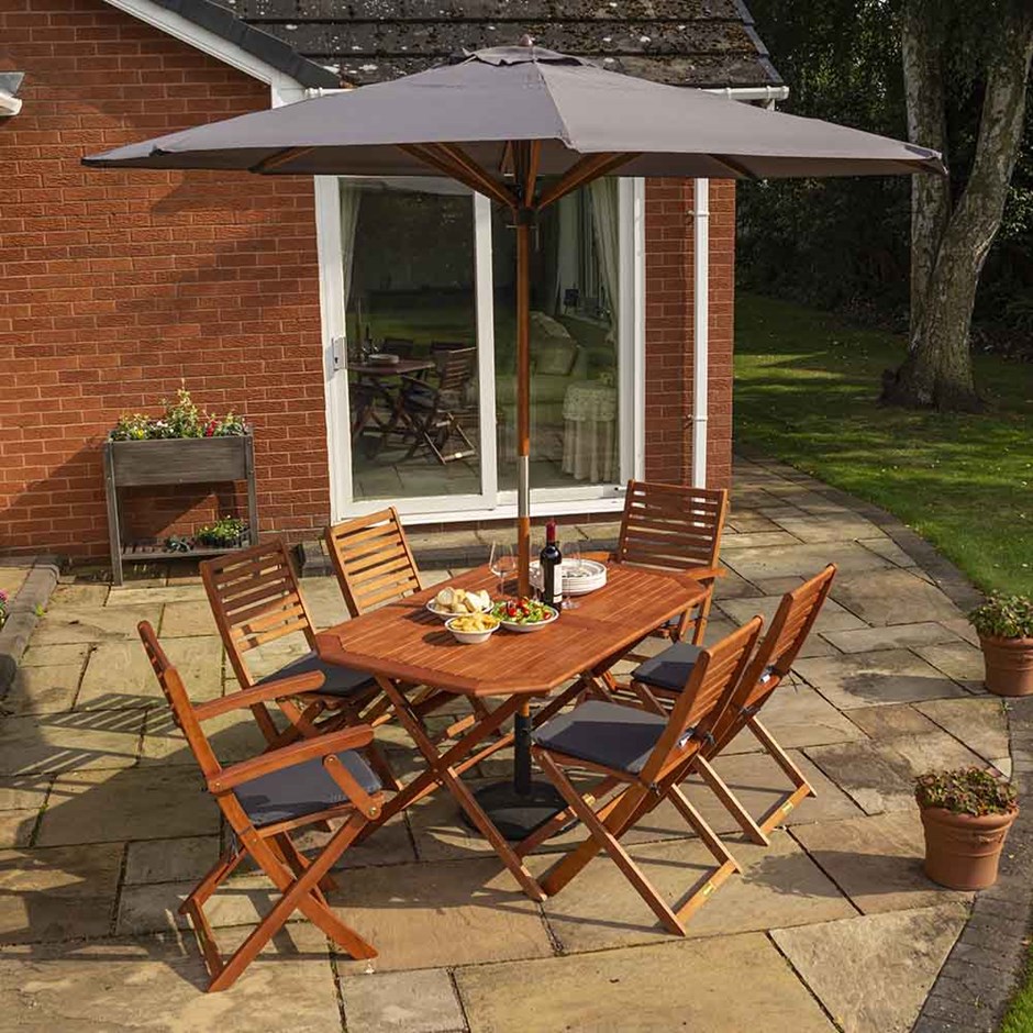Plumley Wooden 6 Seater Garden Furniture Set with Grey Cushions and Grey Parasol