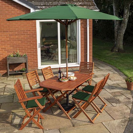 Plumley Wooden 6 Seater Garden Furniture Set w/ Green Cushions and Green Parasol w/ 15Kg Base