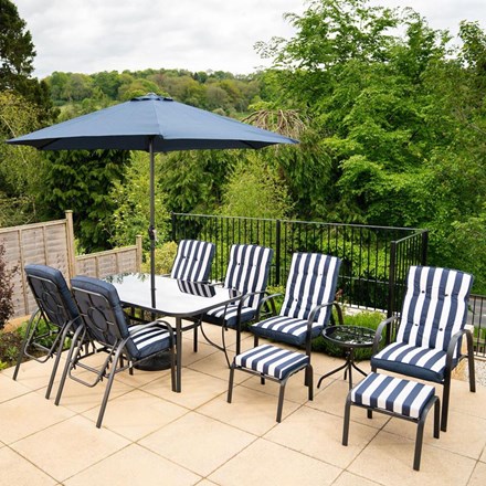 Hadleigh Reclining 6 Seater Garden Dining And Leisure Furniture Set In Navy | Hectare®