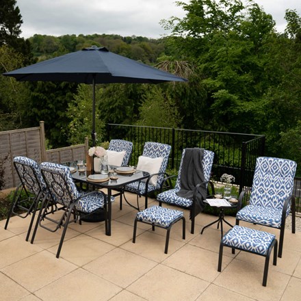 Hadleigh Reclining 6 Seater Garden Dining And Leisure Furniture Set In Blue | Hectare®