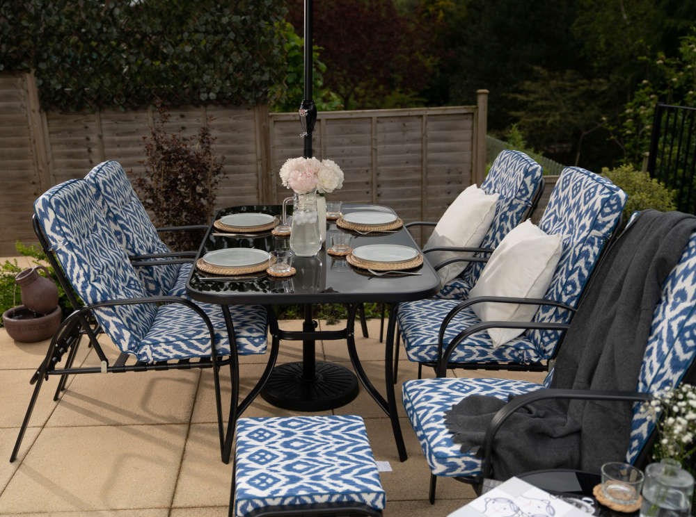 Hadleigh Reclining Garden Dining And Leisure Furniture Set In Blue | Hectare®