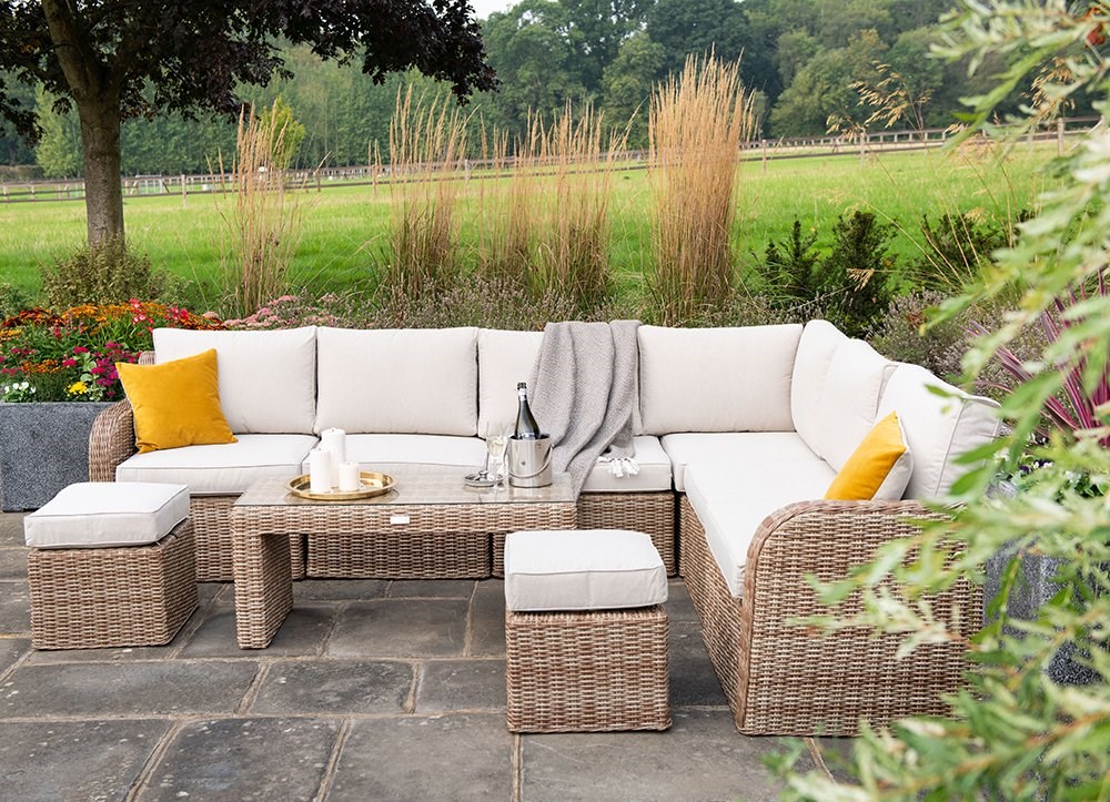Luxury Rattan Modular Sofa Set w/ Coffee Table & Footstools | Primrose Living