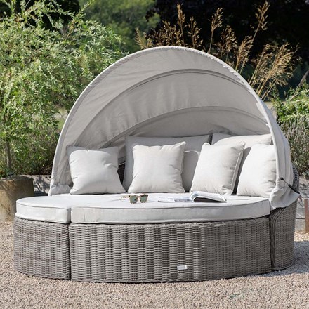 Luxury Rattan Modular Daybed Sofa Set w/ Retractable Canopy in Stone | Primrose Living