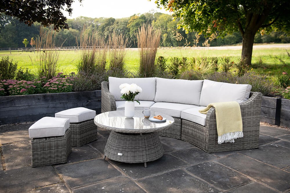 Luxury Rattan Modular Sofa Set w/ Coffee Table & Footstools in Stone