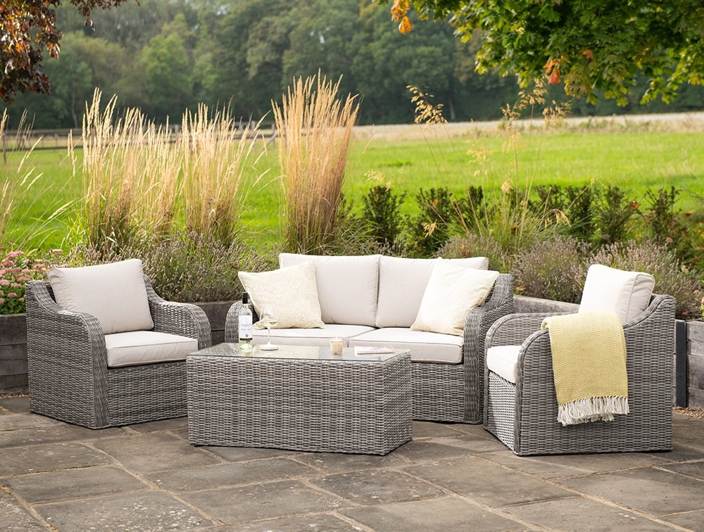 Luxury Rattan 4 Seater Sofa Set with Coffee Table in Stone | Primrose Living