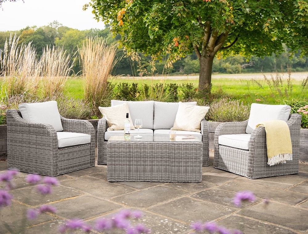 Luxury Rattan 4 Seater Sofa Set with Coffee Table in Stone | Primrose Living