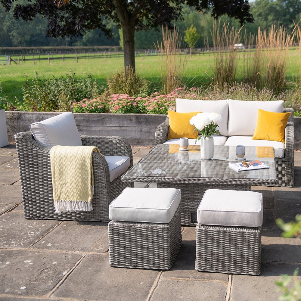 Luxury Rattan 6 Seater Sofa Set with Square Rising Table in Stone | Primrose Liv