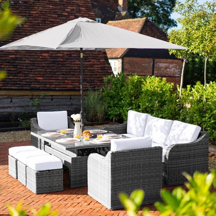 Luxury Rattan 8 Seater Modular Garden Sofa Set w/ Rectangular Rising Table and Parasol in Stone