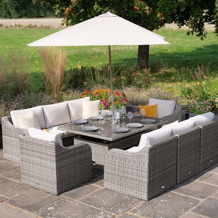 Luxury Rattan 8 Seater Modular Garden Sofa Set w/ Rising Table & Parasol in Stone | Primrose Living