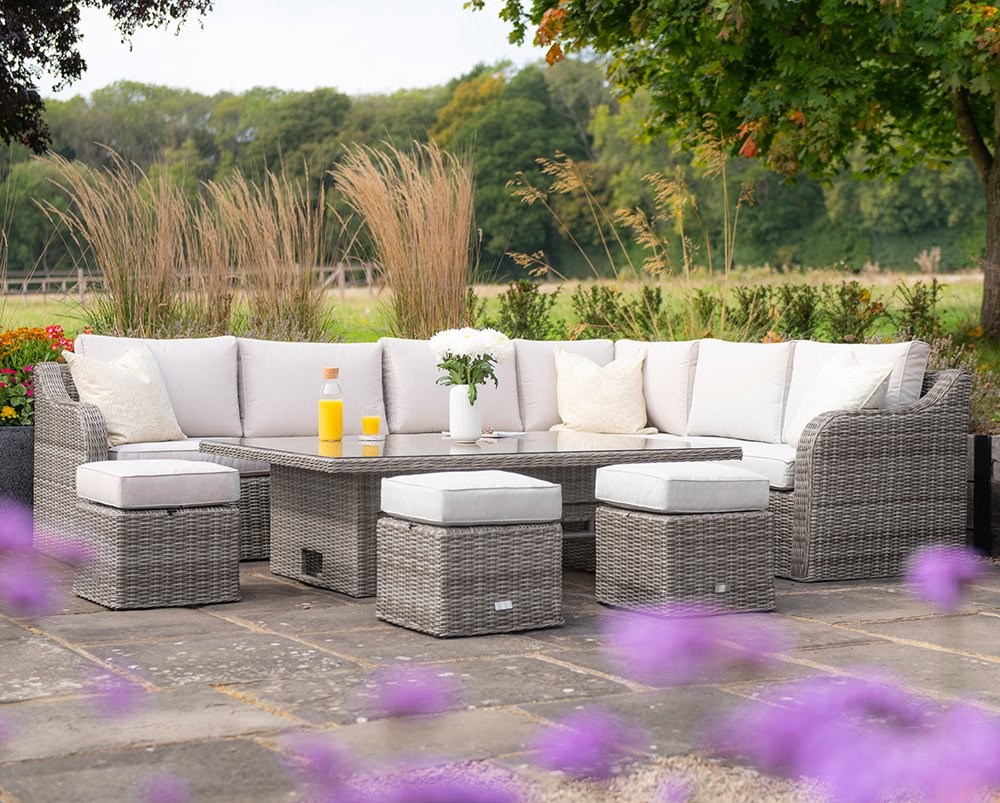 Luxury Rattan Modular Sofa Set w/ Rectangular Rising Table & Footstools in Stone