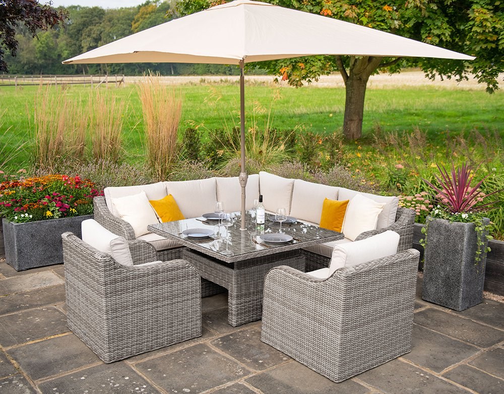 Luxury Rattan 7 Seater Sofa Set with Rising Table in Stone | Primrose Living