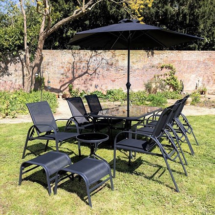Kennet Reclining 6 Seater Garden Dining And Leisure Furniture Set In Black By He