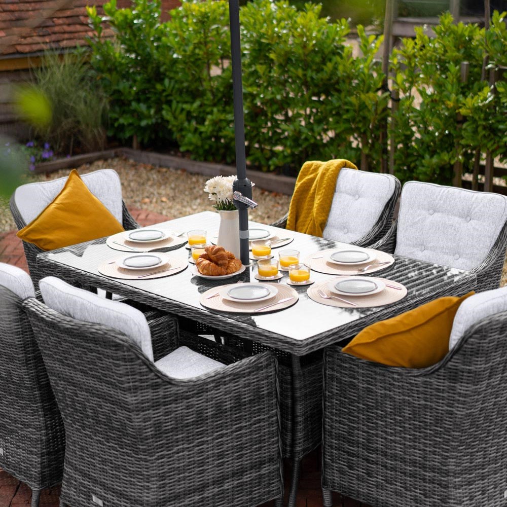 Luxury Rattan 6 Seater Rectangular Garden Dining Set in Stone by Primrose Living