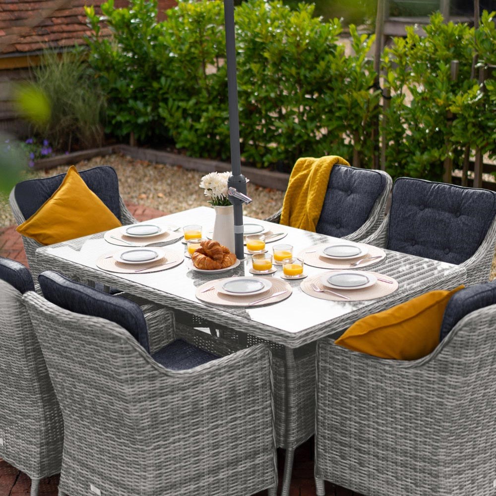 Luxury Rattan 6 Seater Rectangular Garden Dining Set in Pebble | Primrose Living