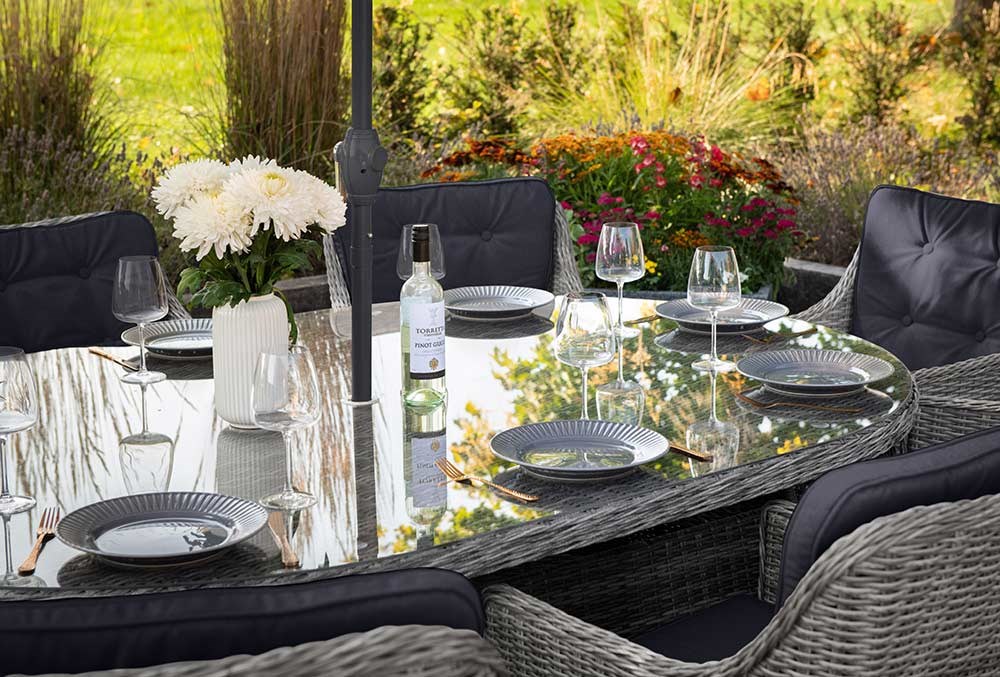 Luxury Rattan 8 Seater Oval Dining Set in Pebble | Primrose Living
