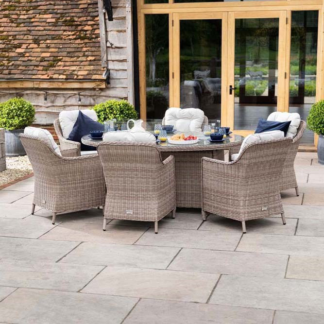Luxury Rattan 6 Seater Oval Fire Pit Table Garden Dining Set by Primrose Living
