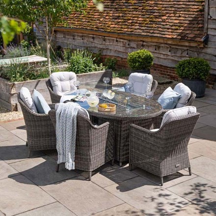 Luxury Rattan 6 Seater Oval Fire Pit Table Garden Dining Set in Stone | Primrose Living